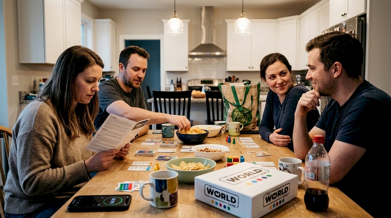 Friends playing relaxed game at kitchen table