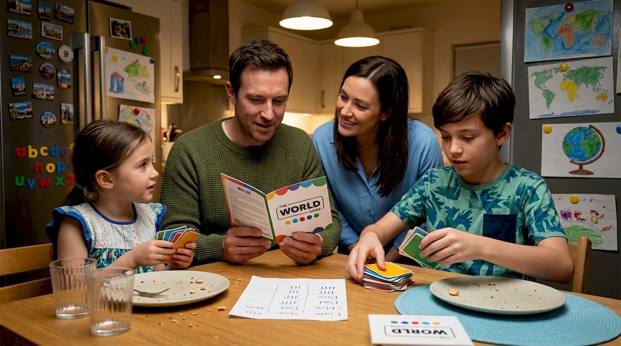 Family bonding over card game at kitchen table