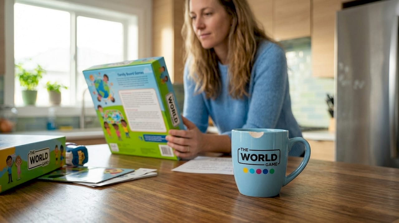 Parent evaluates board game box at kitchen counter