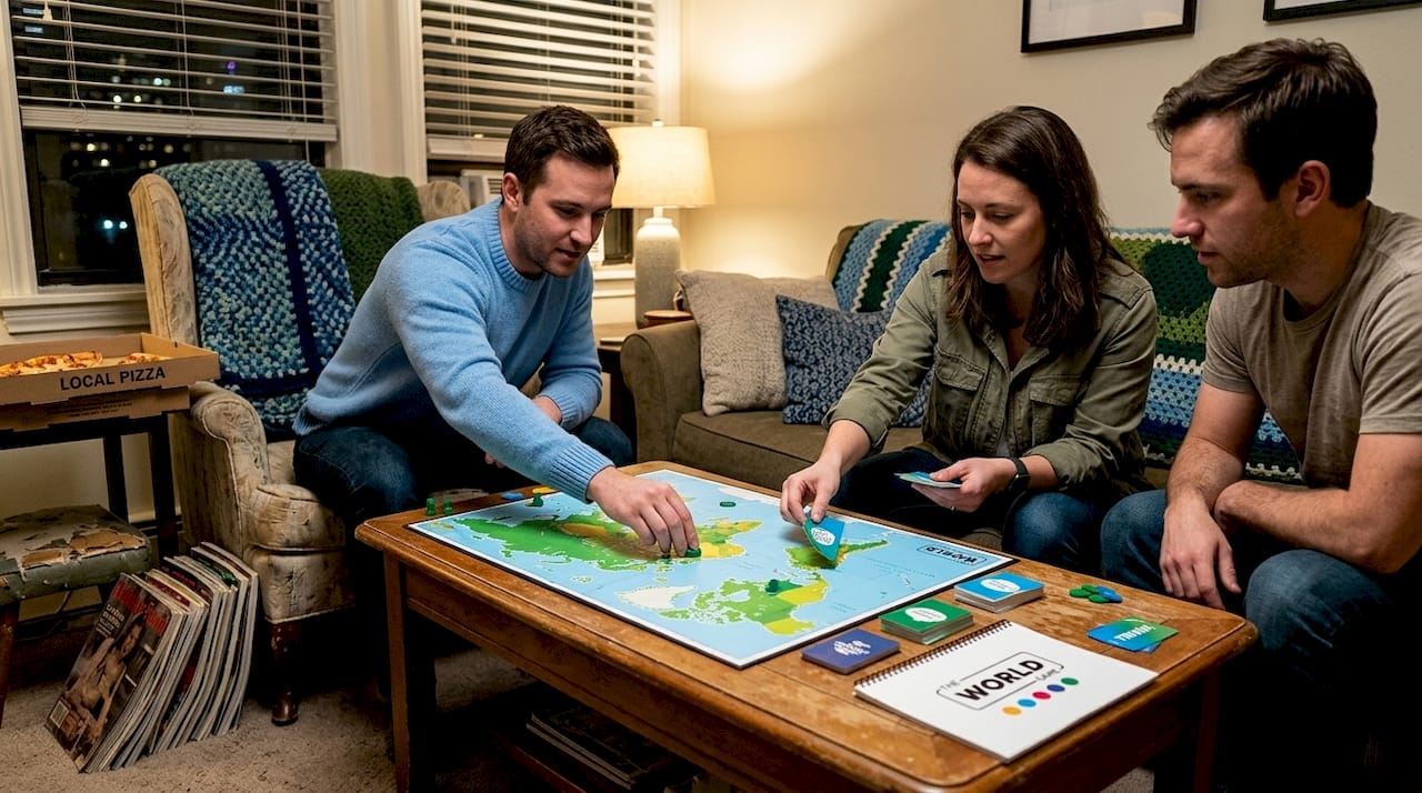 Adults playing trivia board game in apartment