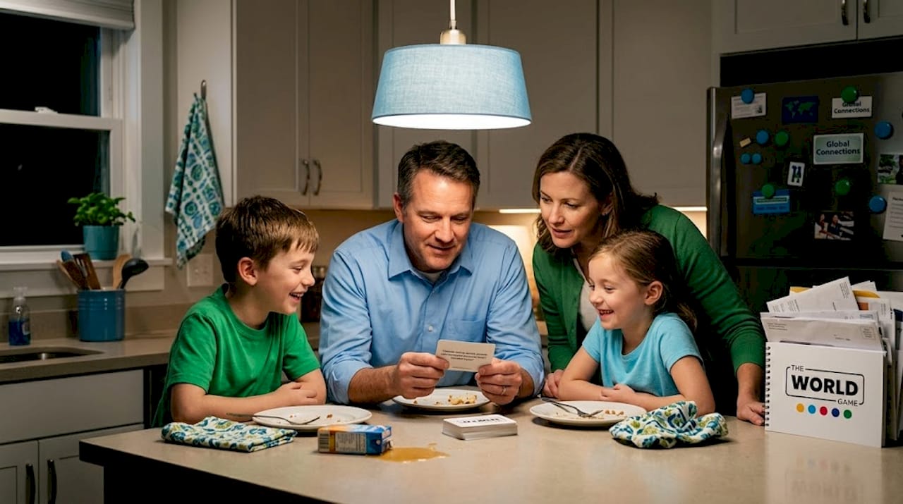 Family enjoying card game at kitchen island
