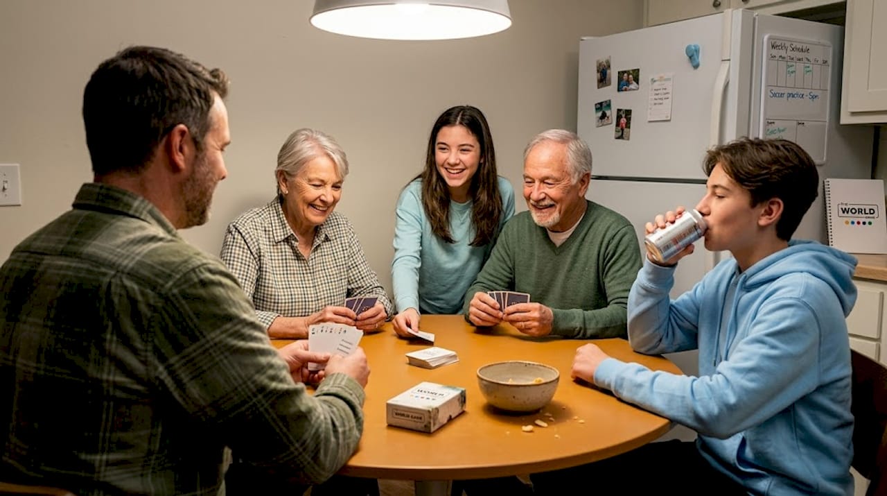 Smiling family playing party card game together