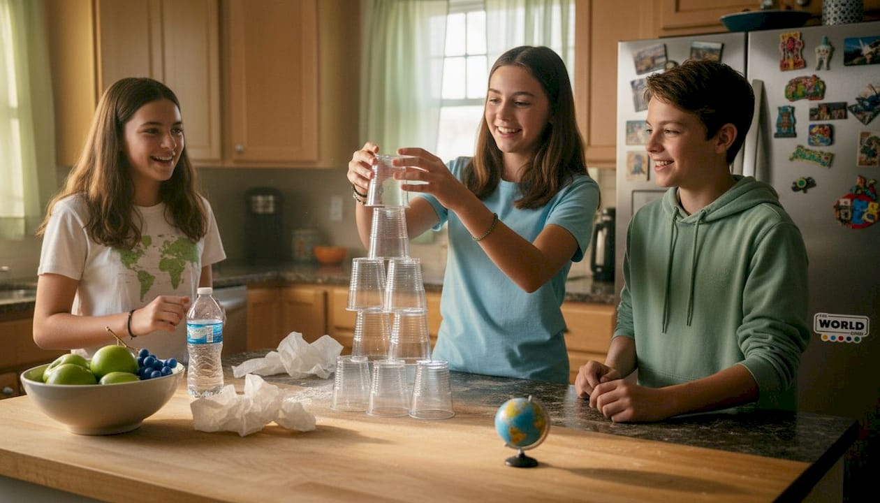 Teens balancing cups in cozy kitchen game