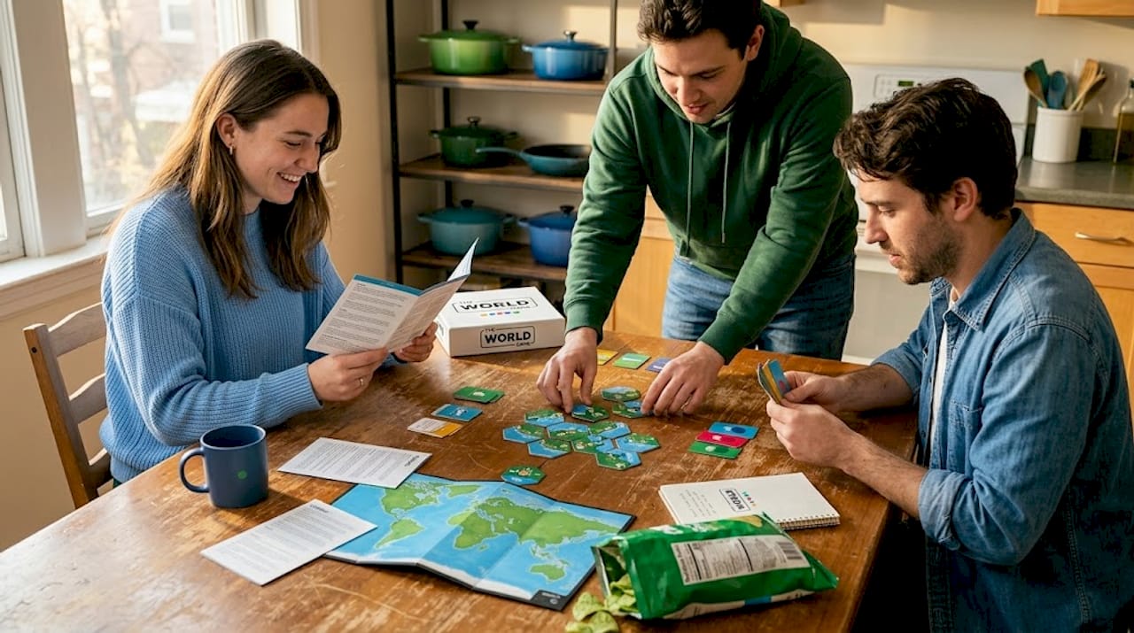 Friends learning new board game at kitchen table