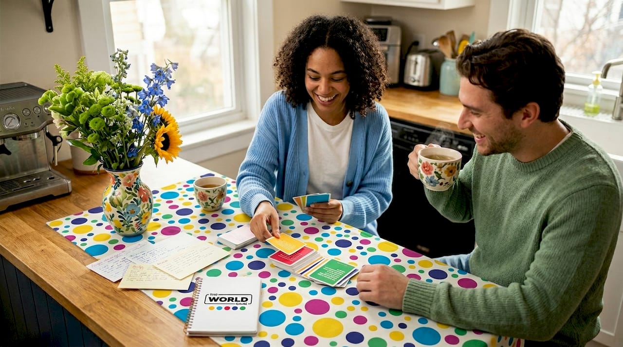 Friends enjoying couples card game in kitchen