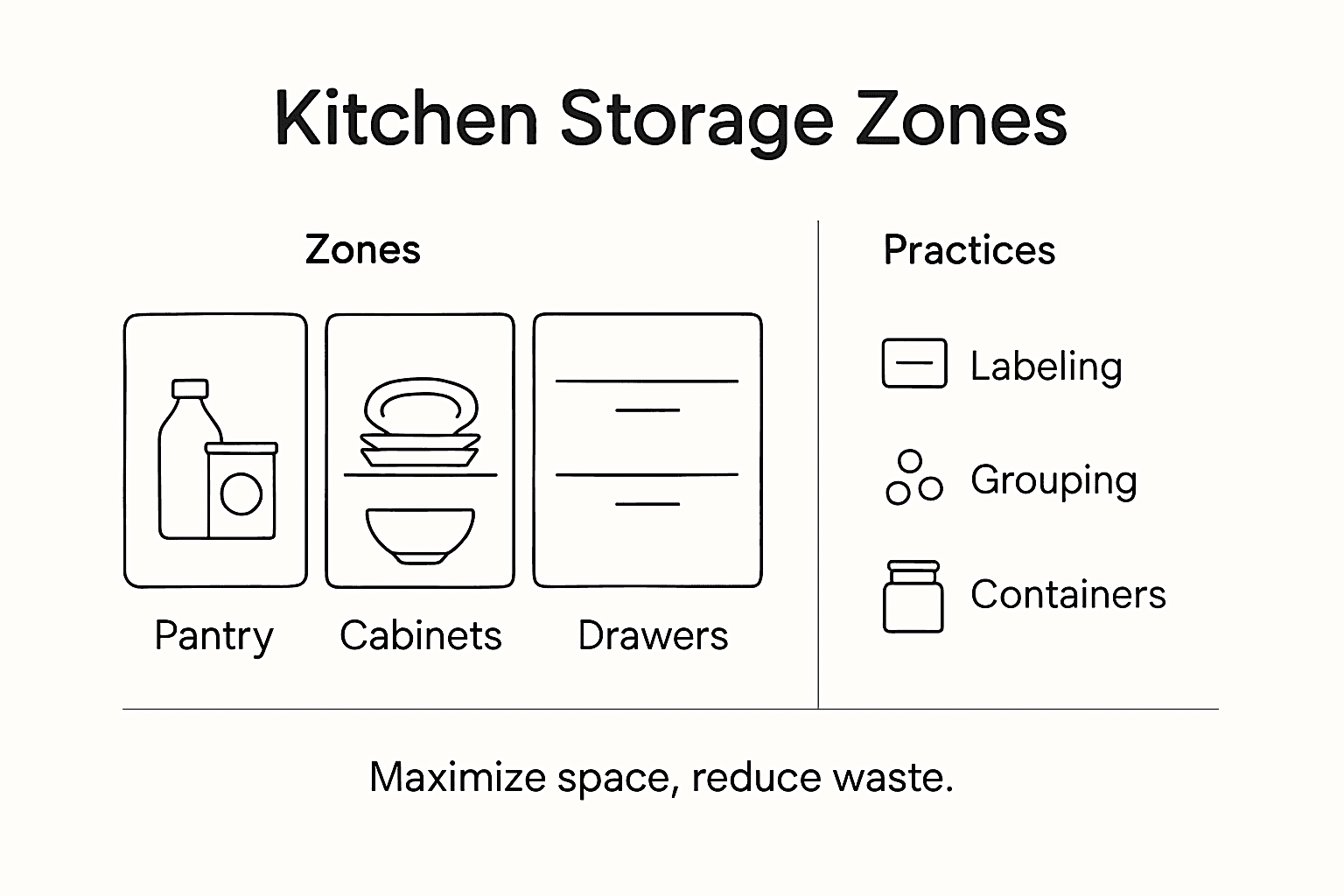 Infographic of kitchen storage zones and practices
