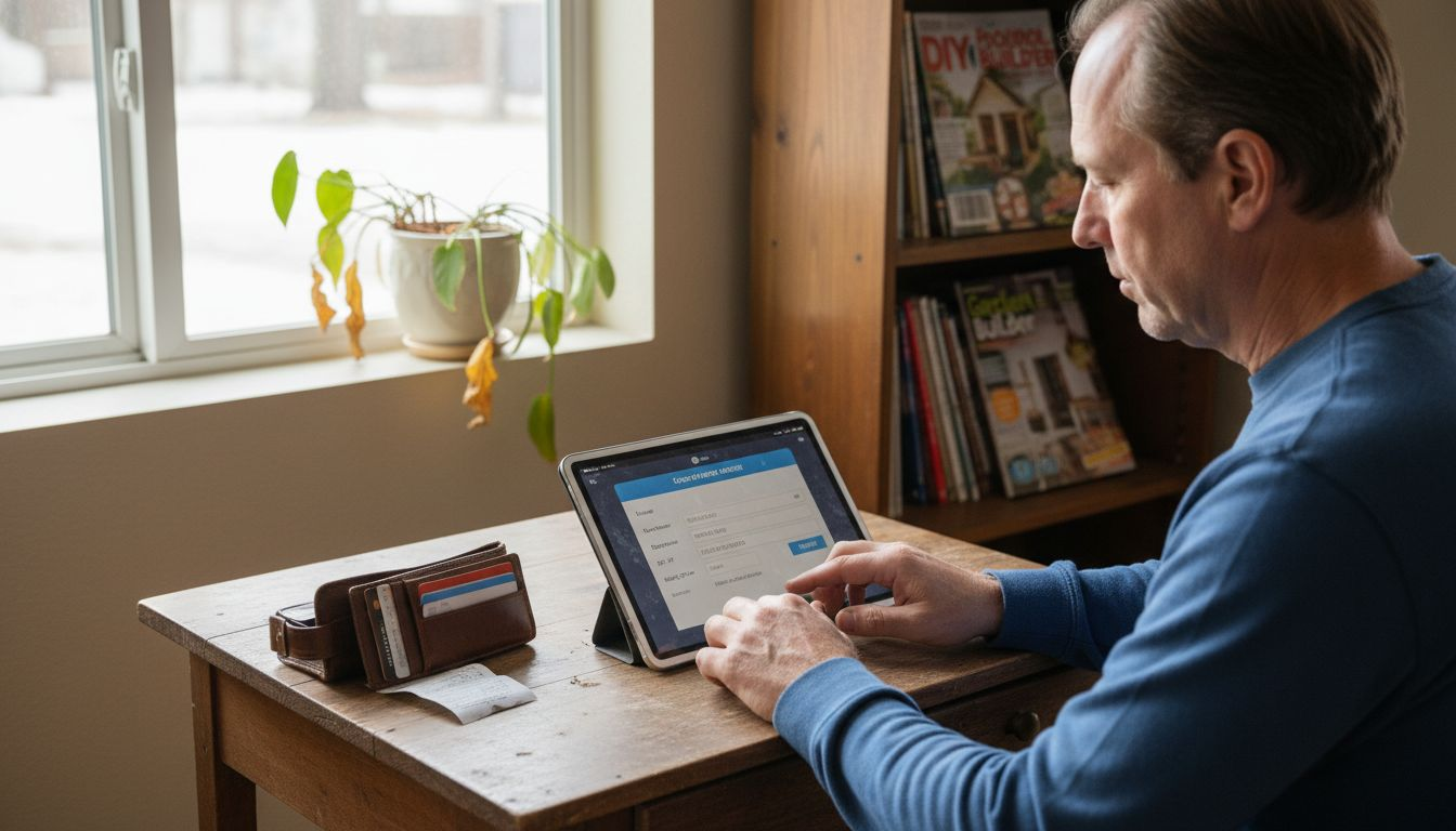 Man entering payment details securely at home