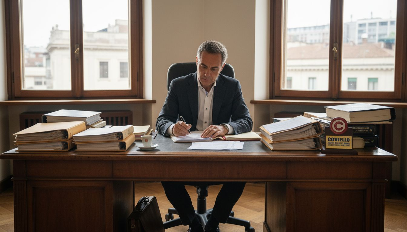Avvocato specializzato in proprietà intellettuale impegnato nell’esame di documenti legali alla scrivania