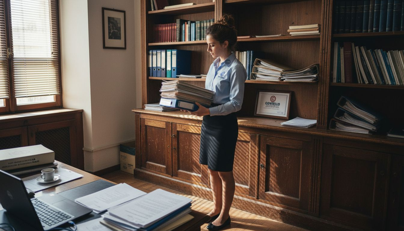 Assistente legale impegnato nell’organizzazione delle pratiche relative ai marchi registrati