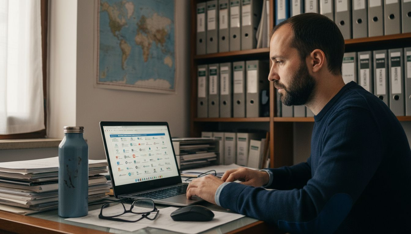 Un uomo verifica i marchi registrati all'interno del database.