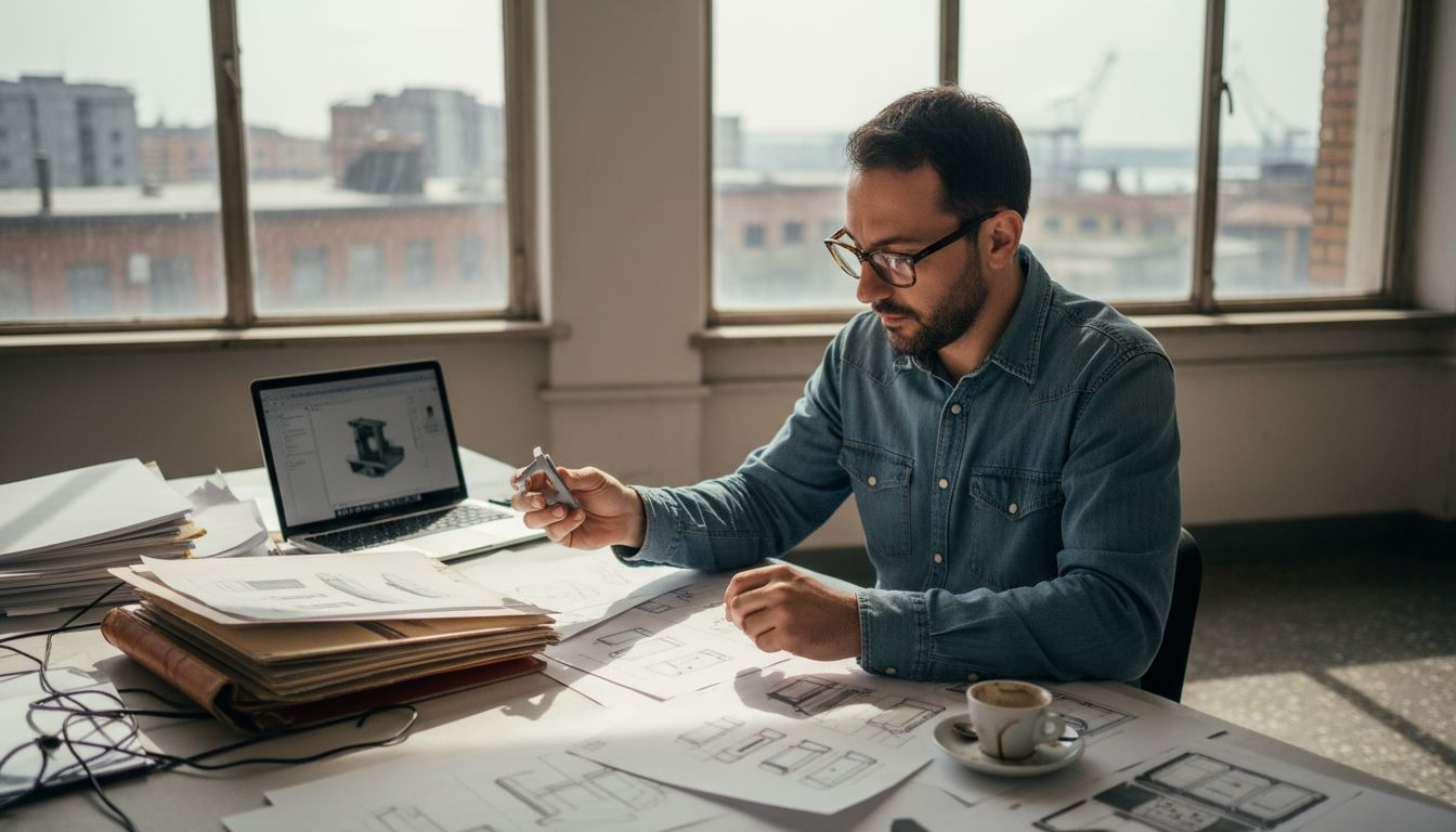 Il designer osserva attentamente i suoi schizzi e li confronta con il prototipo appoggiato sulla scrivania.