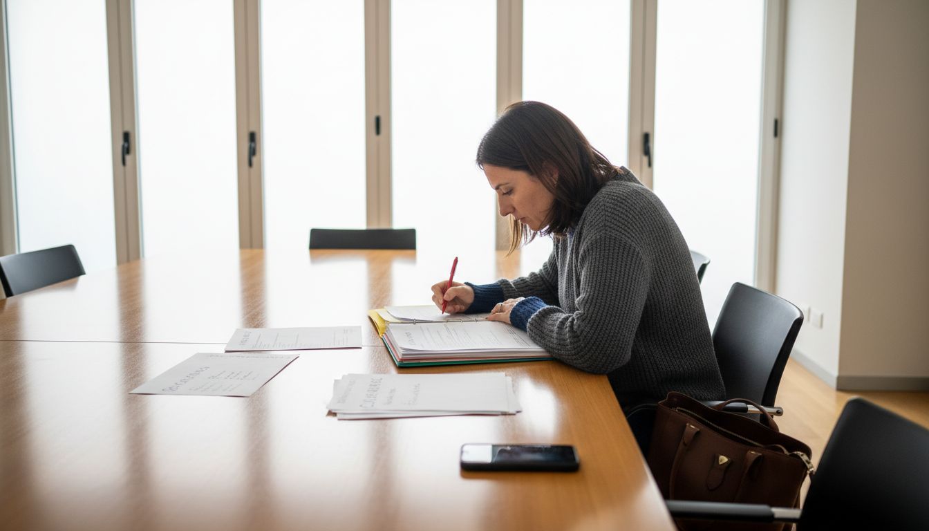 Una donna esamina attentamente una tabella di documentazione legale progettata secondo i principi del legal design.