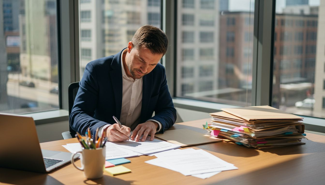 Startup founder signing copyright documents in office