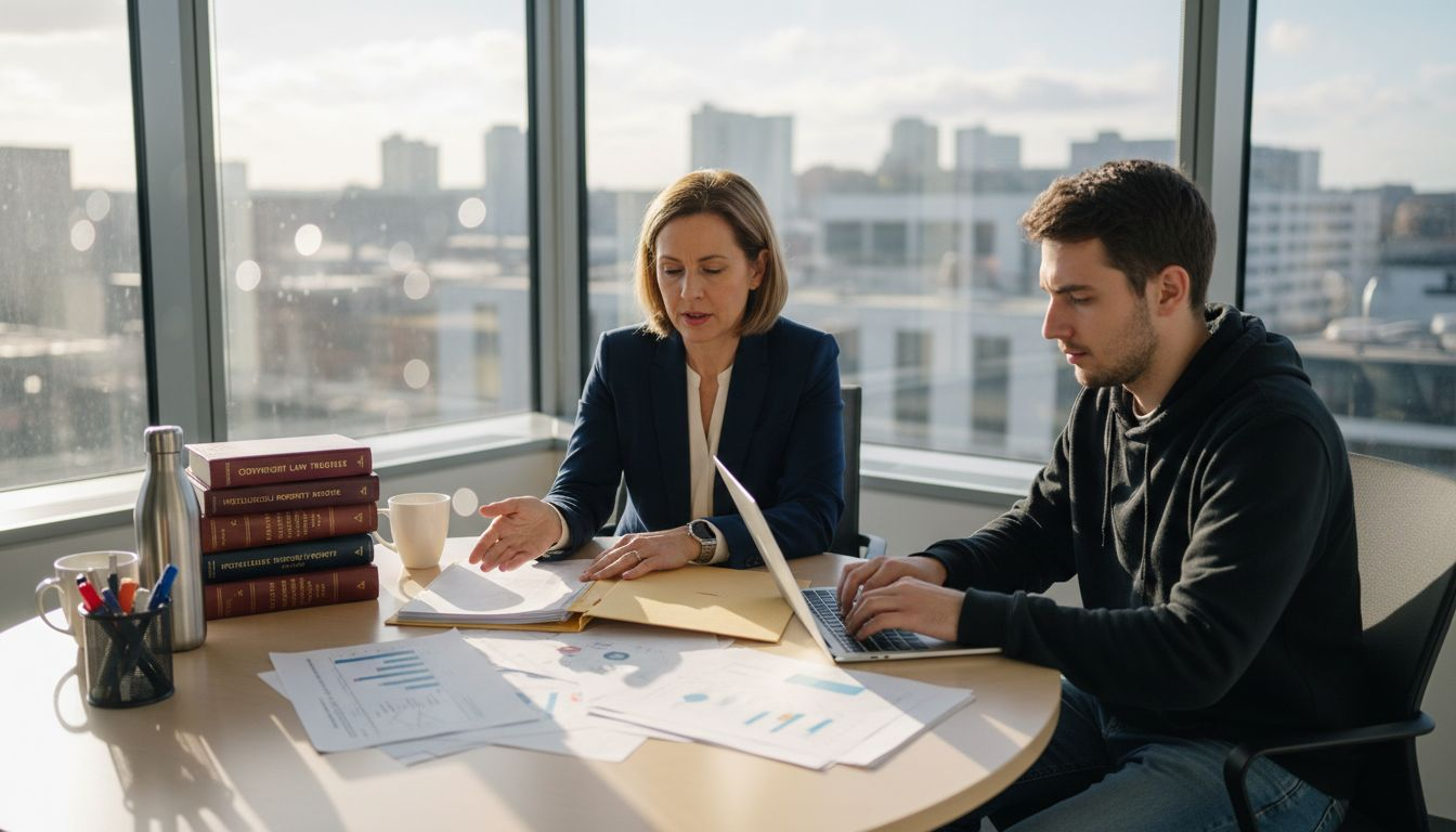 Attorney and client discuss copyright paperwork