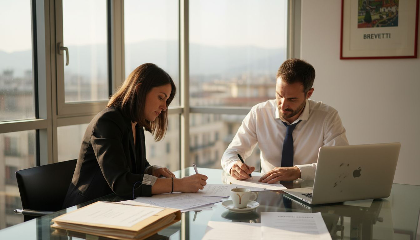 I fondatori di una startup stanno firmando insieme i documenti per il brevetto, pronti a tutelare la loro innovazione.