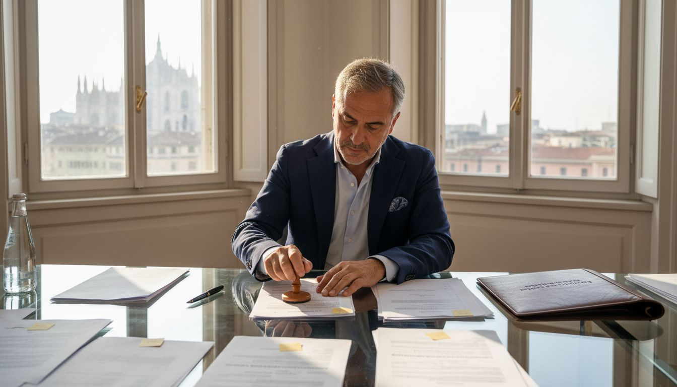 Un avvocato che appone il timbro sui moduli per la registrazione di marchi internazionali.