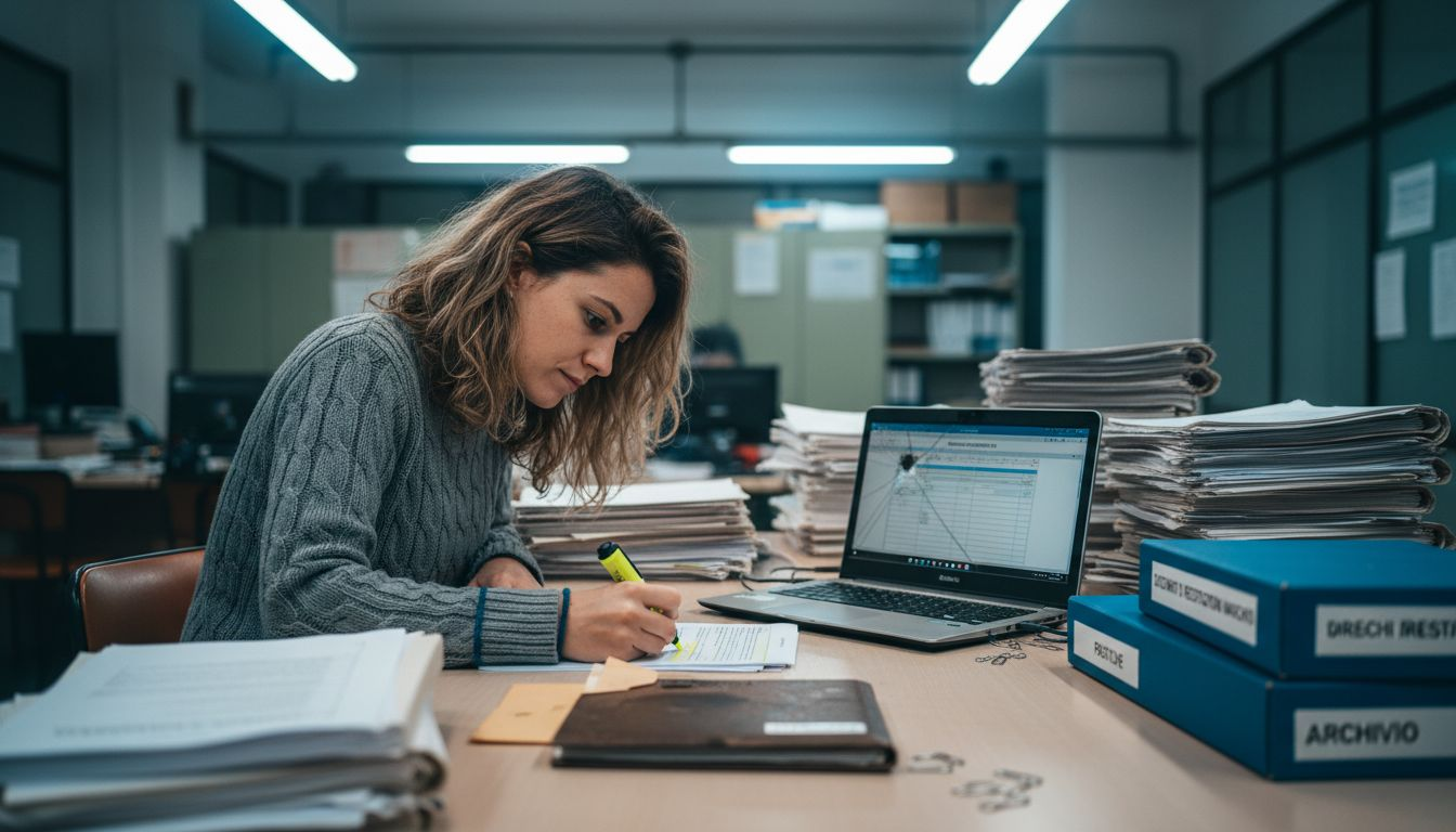 Un assistente legale esamina la documentazione per la registrazione di un marchio.