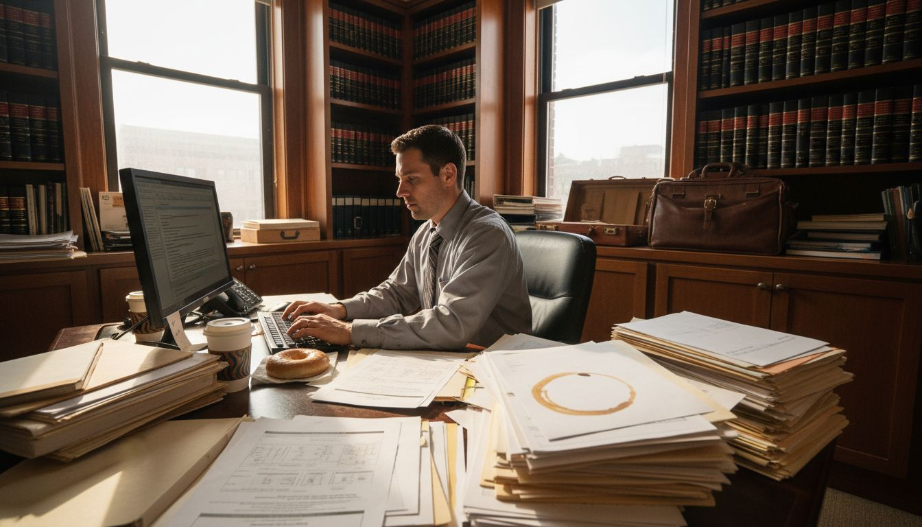 Attorney working on patent documents in a city office