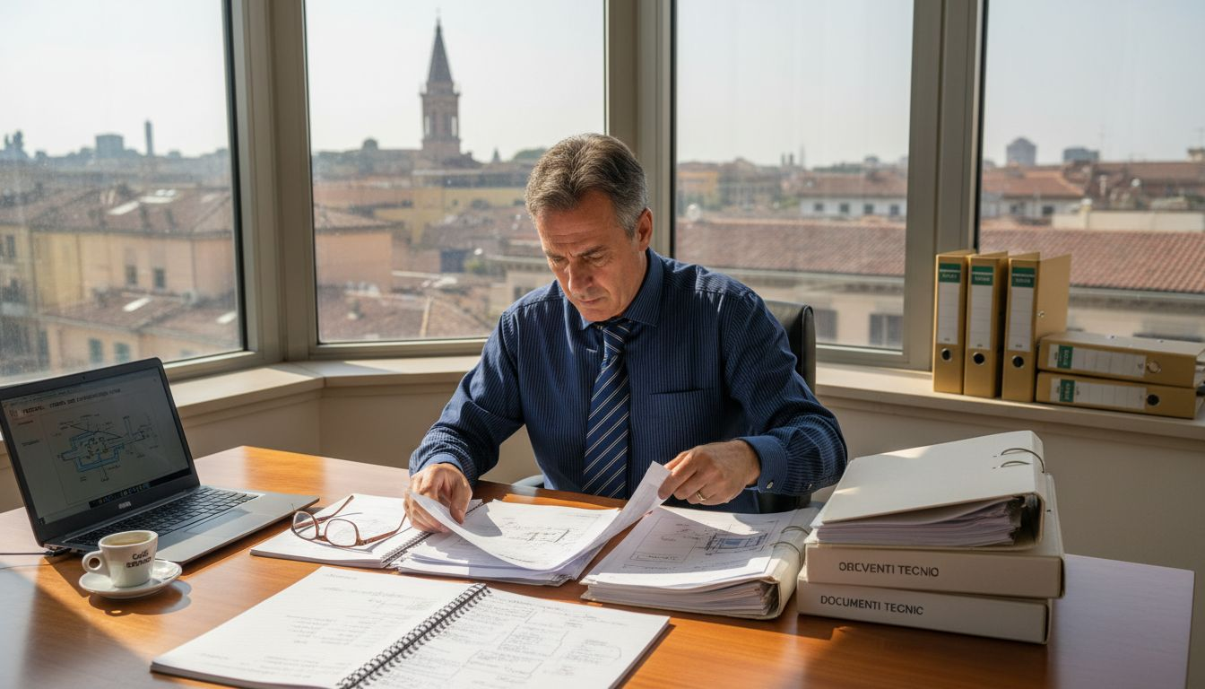 Un avvocato esamina attentamente la documentazione relativa a un brevetto nel suo studio.