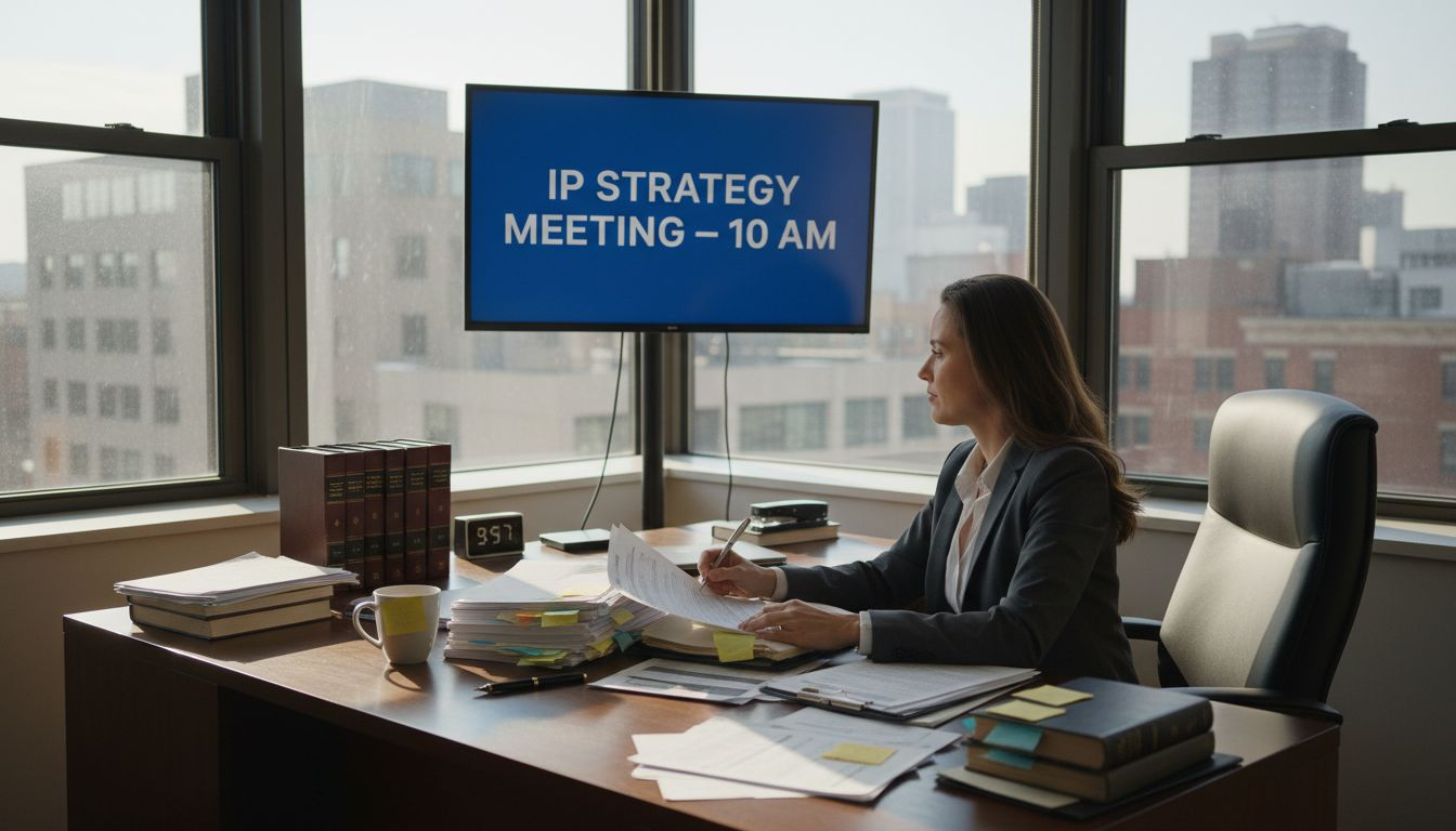 Attorney organizing IP paperwork at office desk