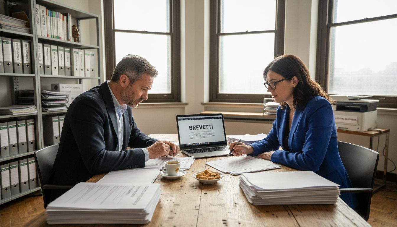 Imprenditore alle prese con una consulenza specialistica in materia di brevetti nel proprio ufficio.