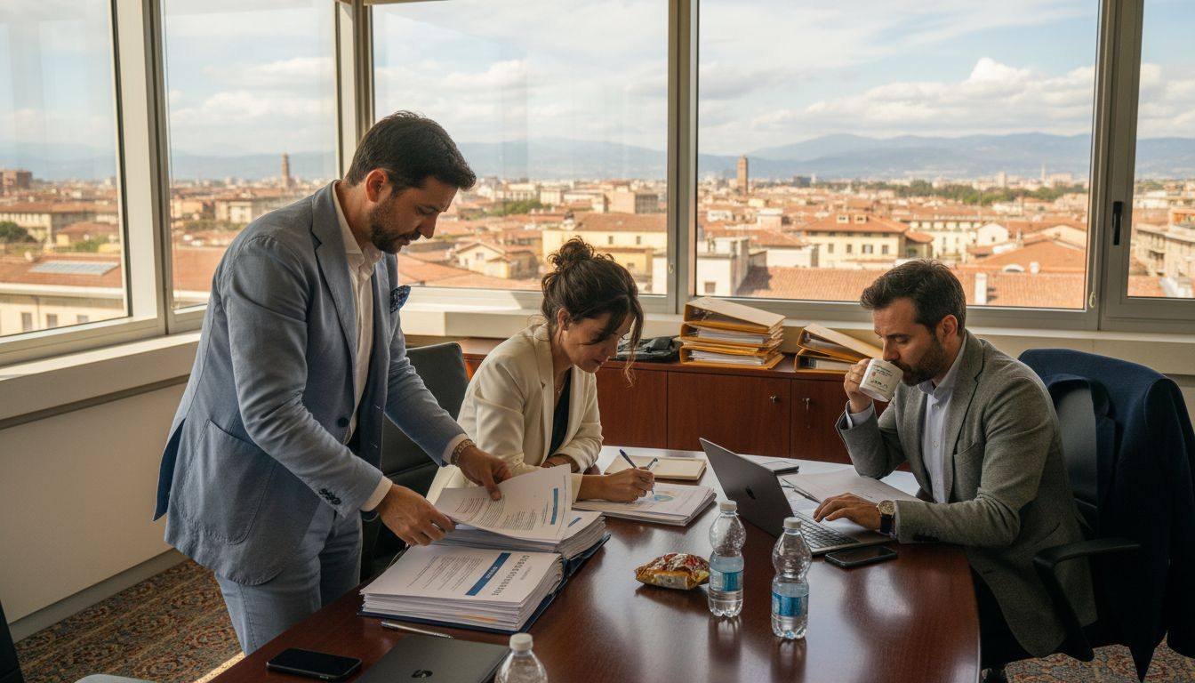 Dirigenti intenti a esaminare documenti patrimoniali in un ufficio luminoso e accogliente