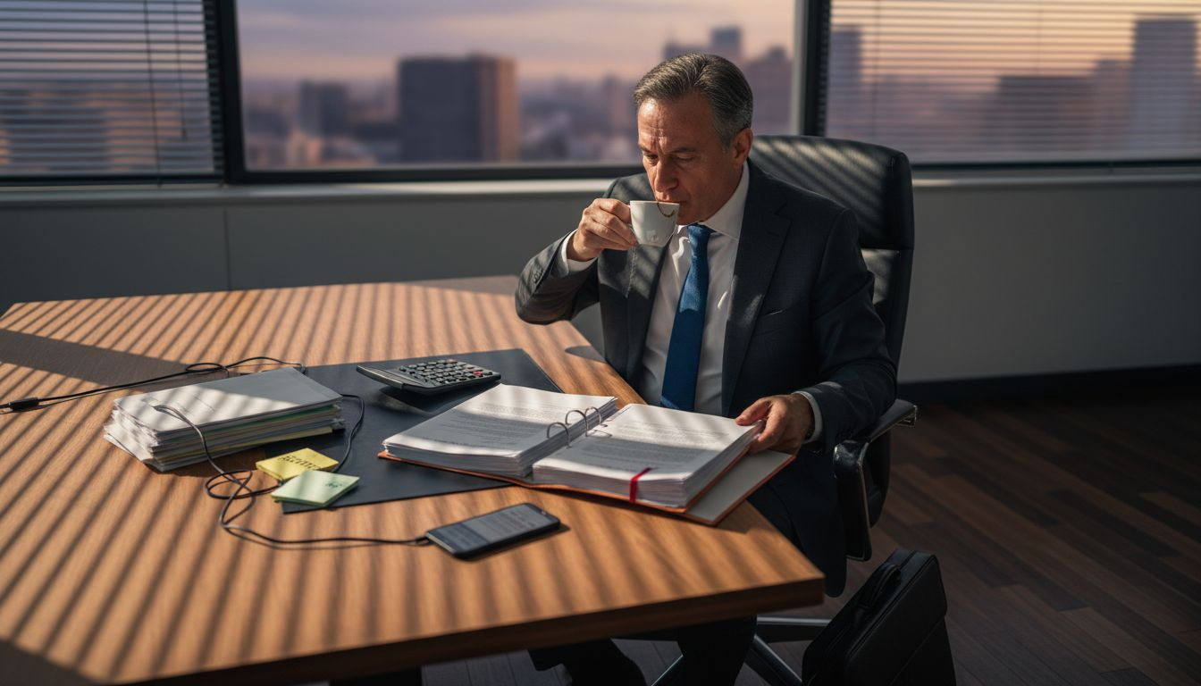 Avvocato che esamina contratti nel suo ufficio al piano alto di un grattacielo