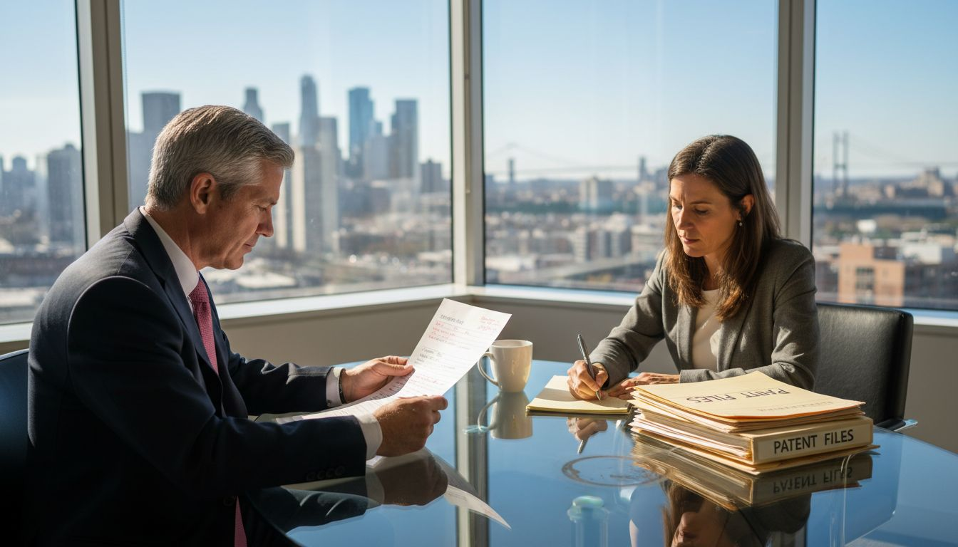 Business professionals reviewing patents in office