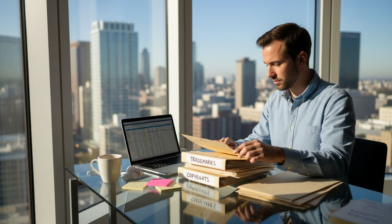 Startup founder organizing intellectual property files