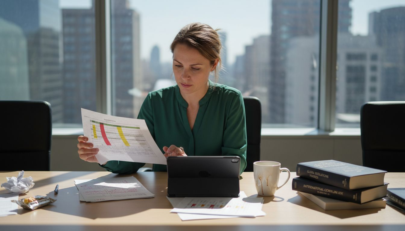 Compliance manager reviews IP risks in office