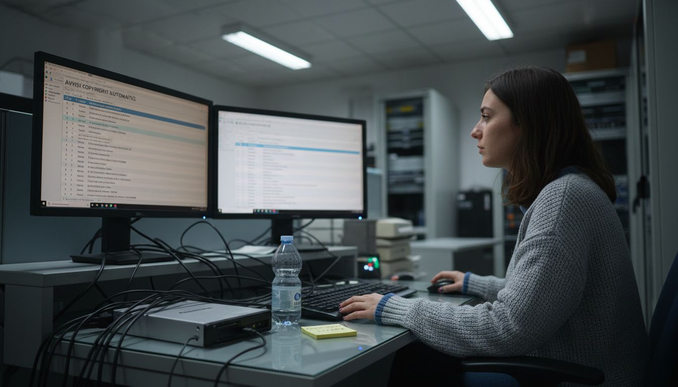 Donna al lavoro mentre controlla i monitor dedicati alla gestione dei diritti d'autore