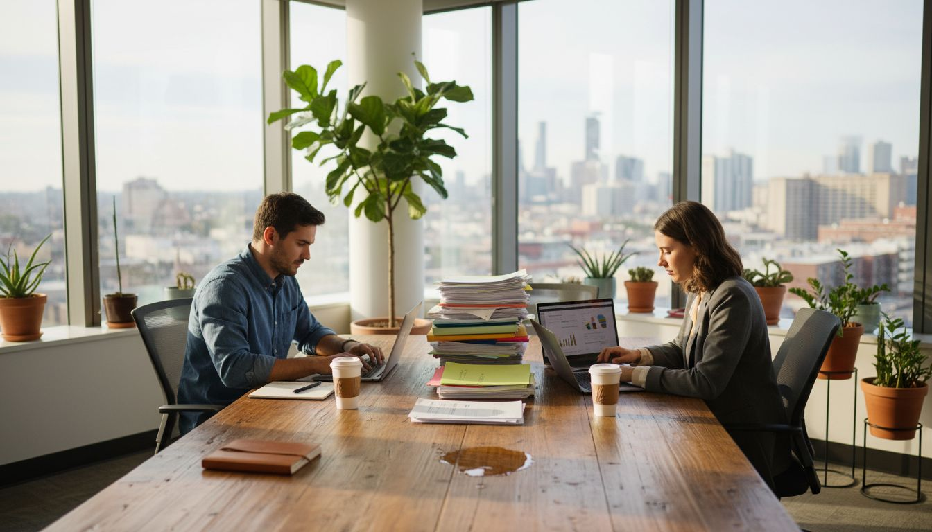 Startup founders reviewing legal paperwork in office