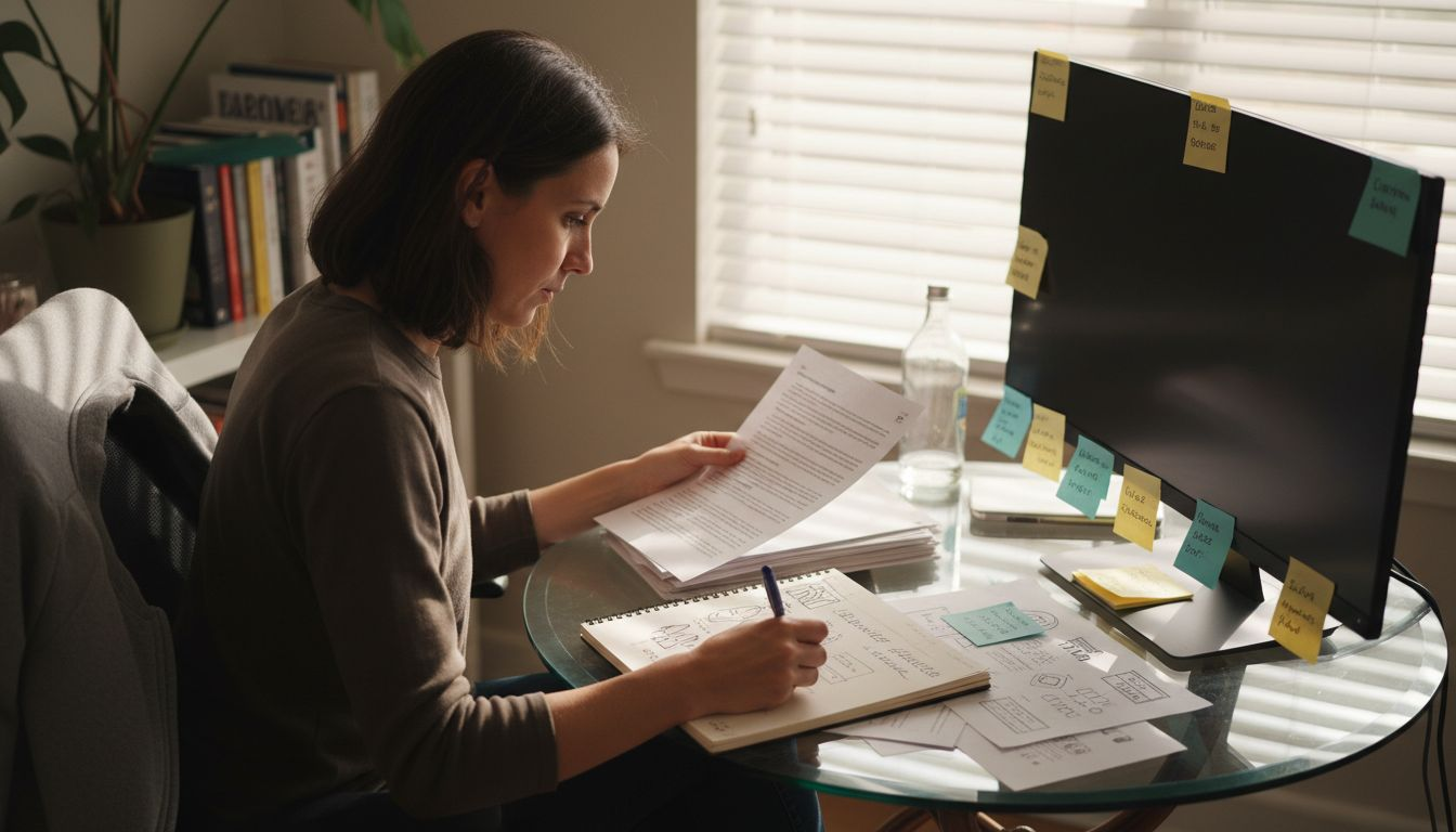 Designer reviewing copyright papers at home desk