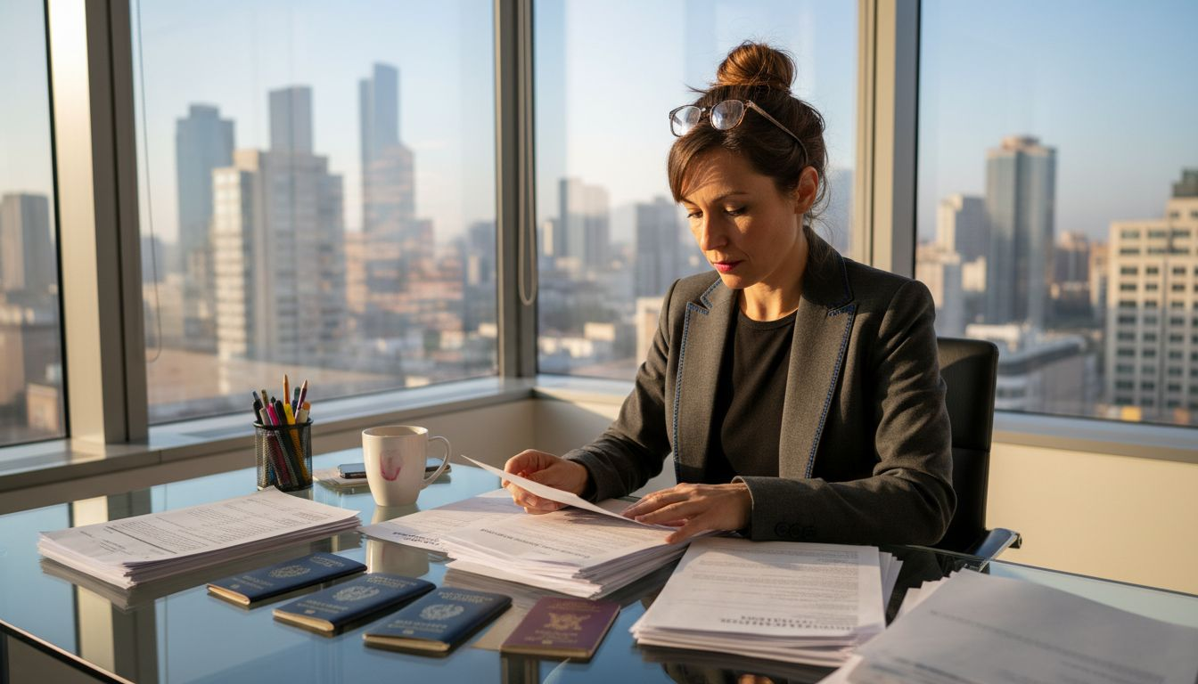 Una donna d'affari esamina la documentazione per la registrazione di marchi internazionali.