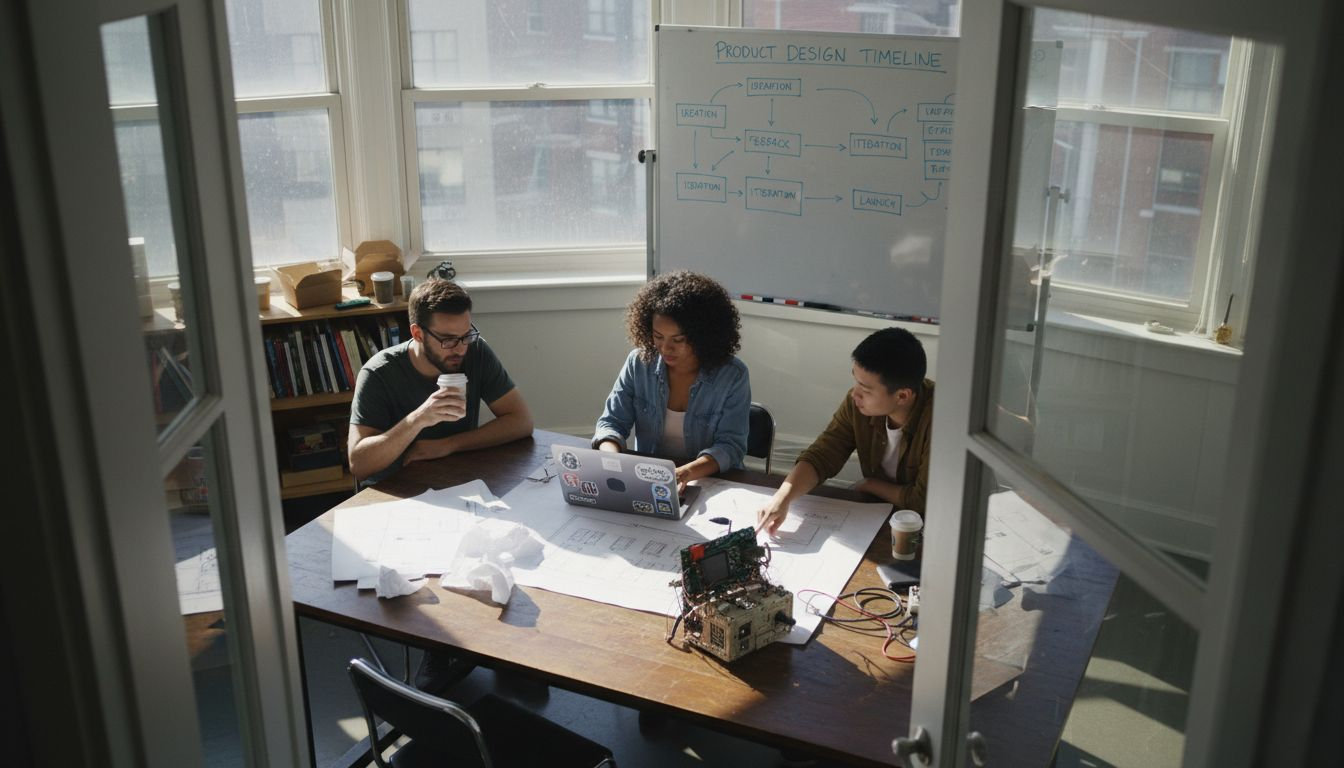 Tech startup team reviewing product design sketches in office