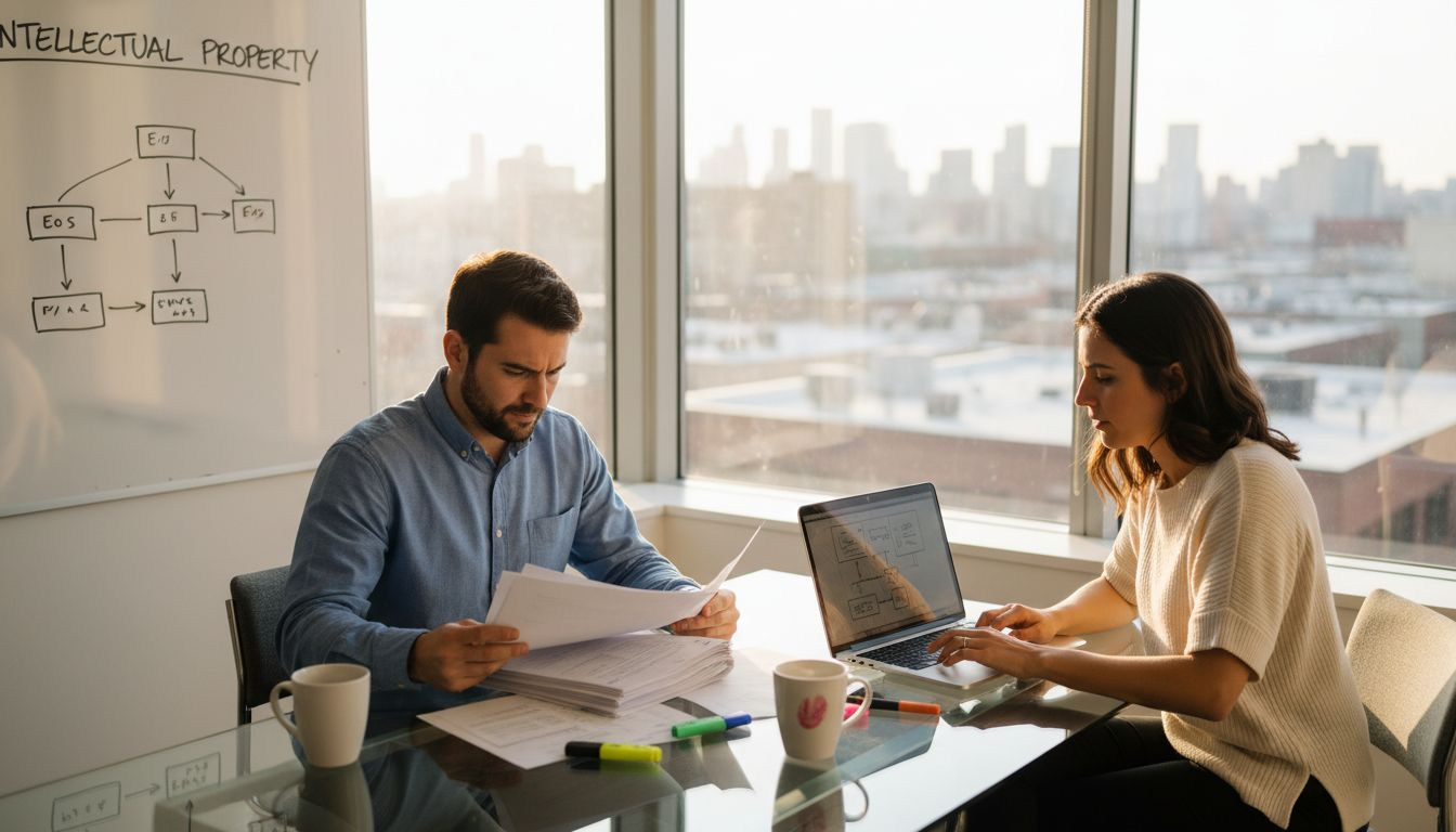Startup founders reviewing a patent document