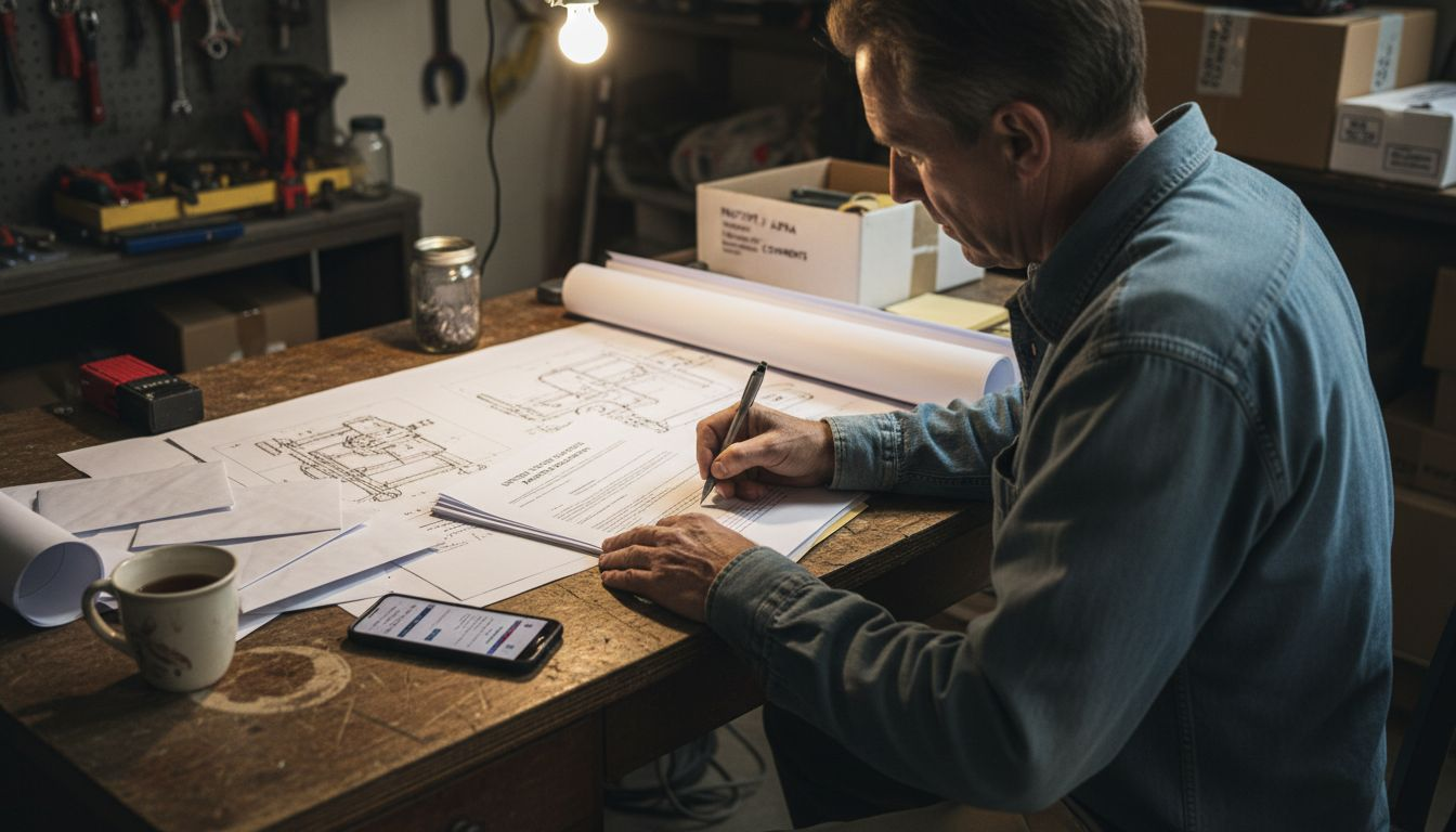 Inventor signing patent paperwork in workshop