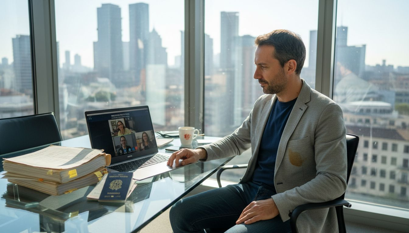 Il founder di una startup partecipa a una riunione in videochiamata dal suo ufficio con vista panoramica.