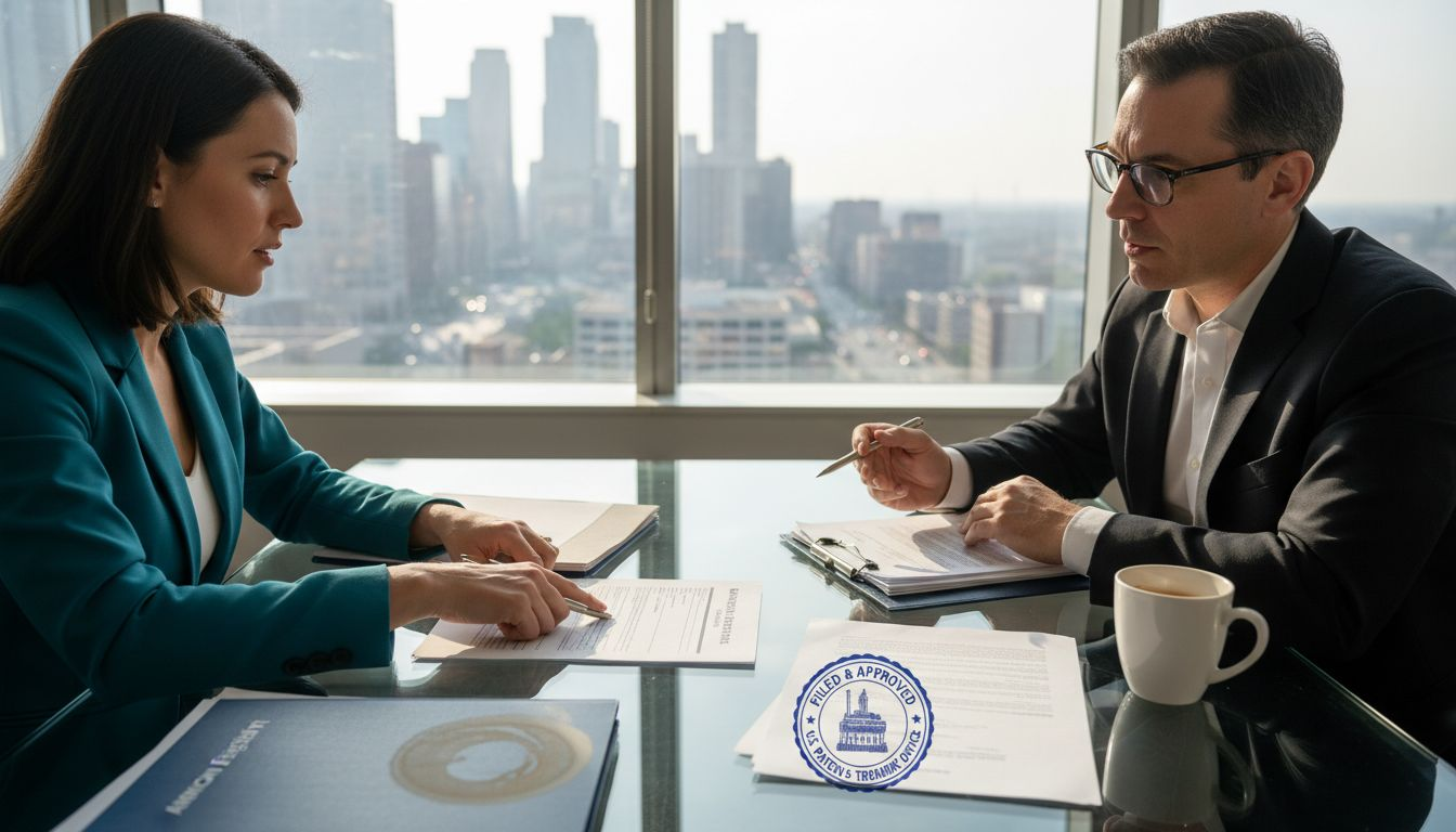 Executives reviewing trademark papers in office