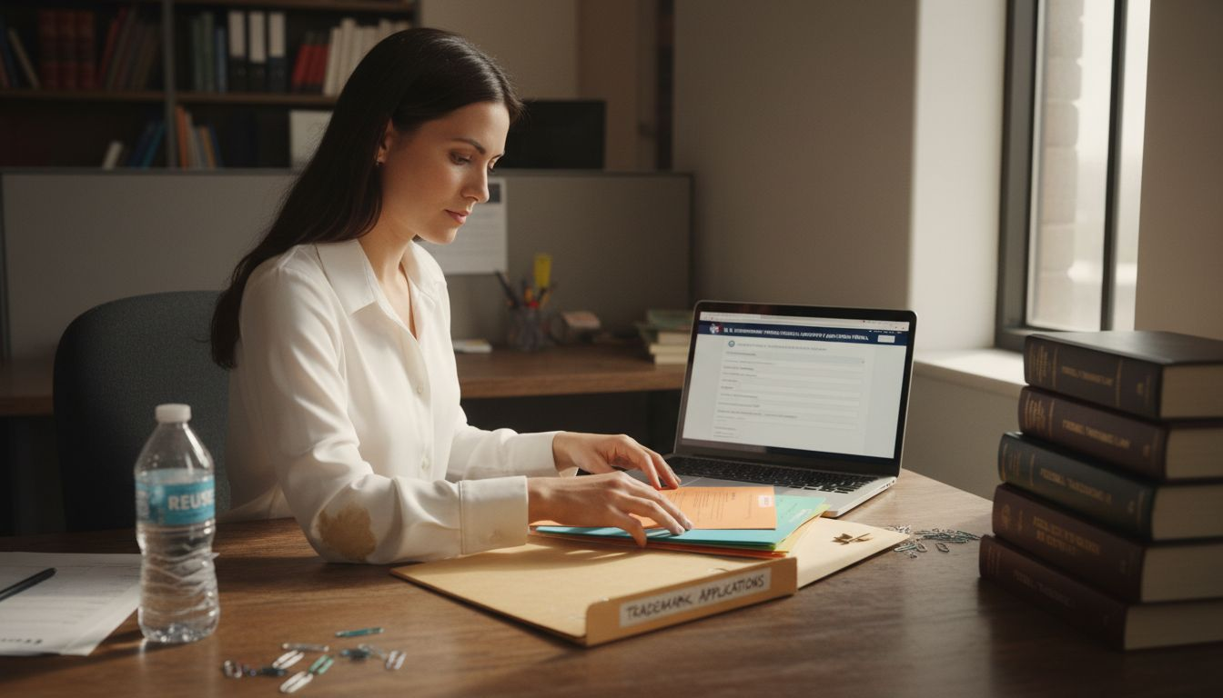 Lawyer sorting international trademark documents