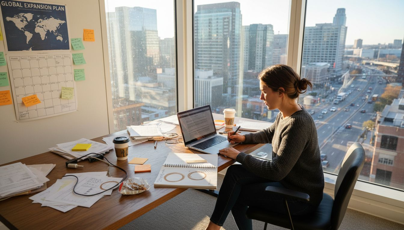 Startup founder reviews licensing agreement in office