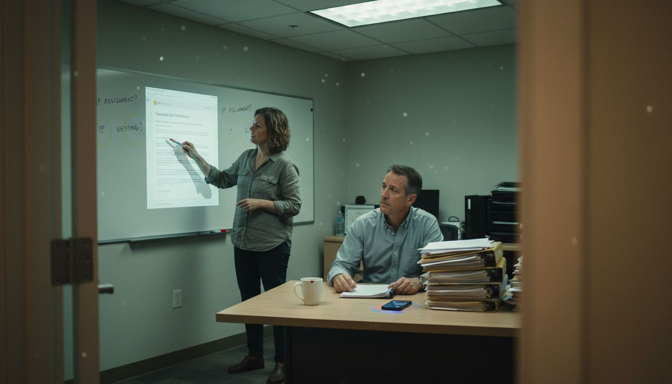 Founder and lawyer discussing contract paperwork
