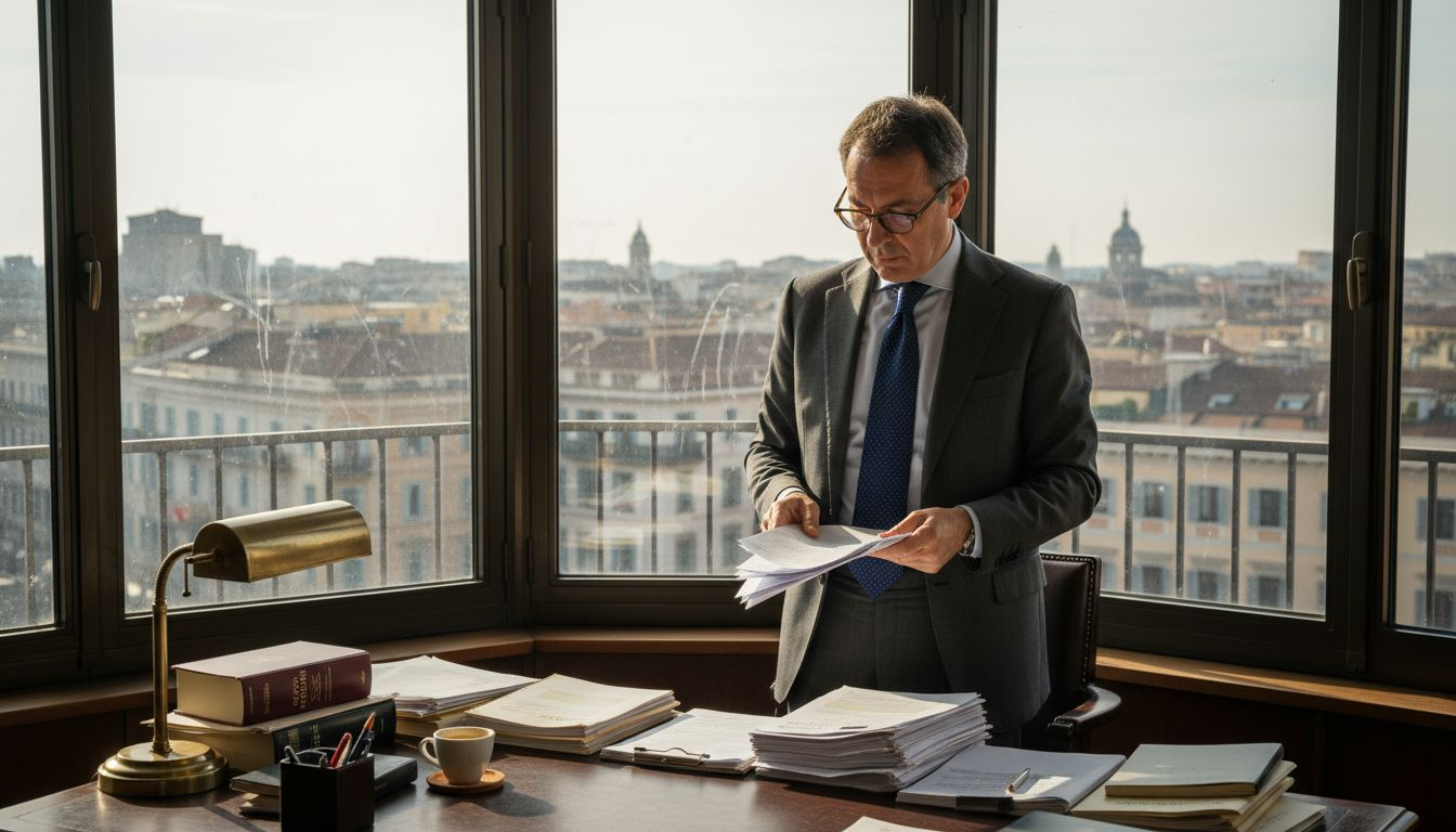 Un avvocato esamina la documentazione patrimoniale nel suo luminoso studio.