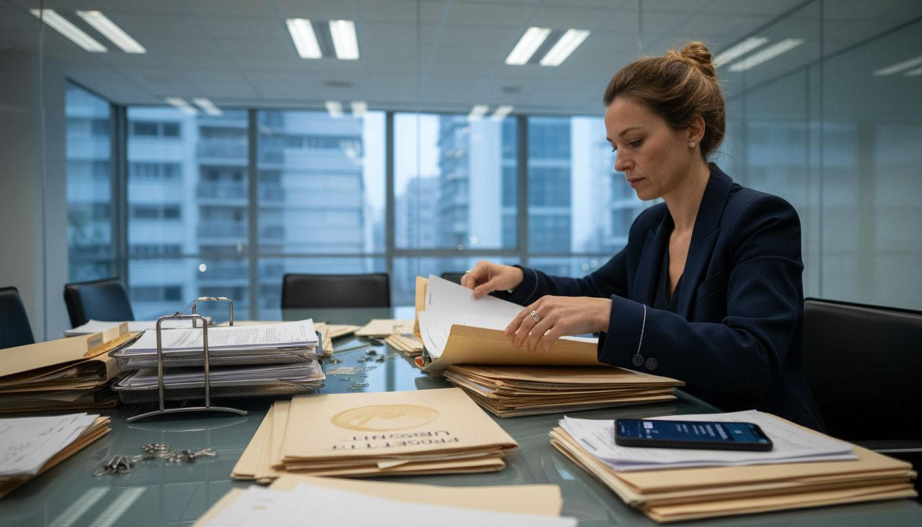 Donna d’affari impegnata a esaminare e organizzare fascicoli legali
