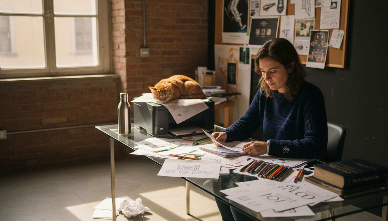 Il designer esamina le bozze dei loghi insieme alle note legali.