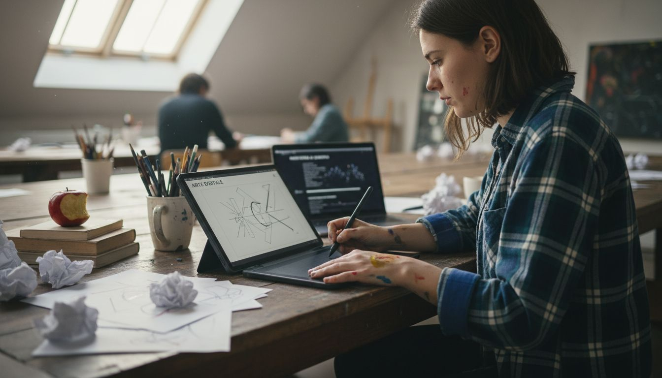 Un artista al lavoro nel suo studio realizza opere d’arte con l’aiuto dell’intelligenza artificiale.
