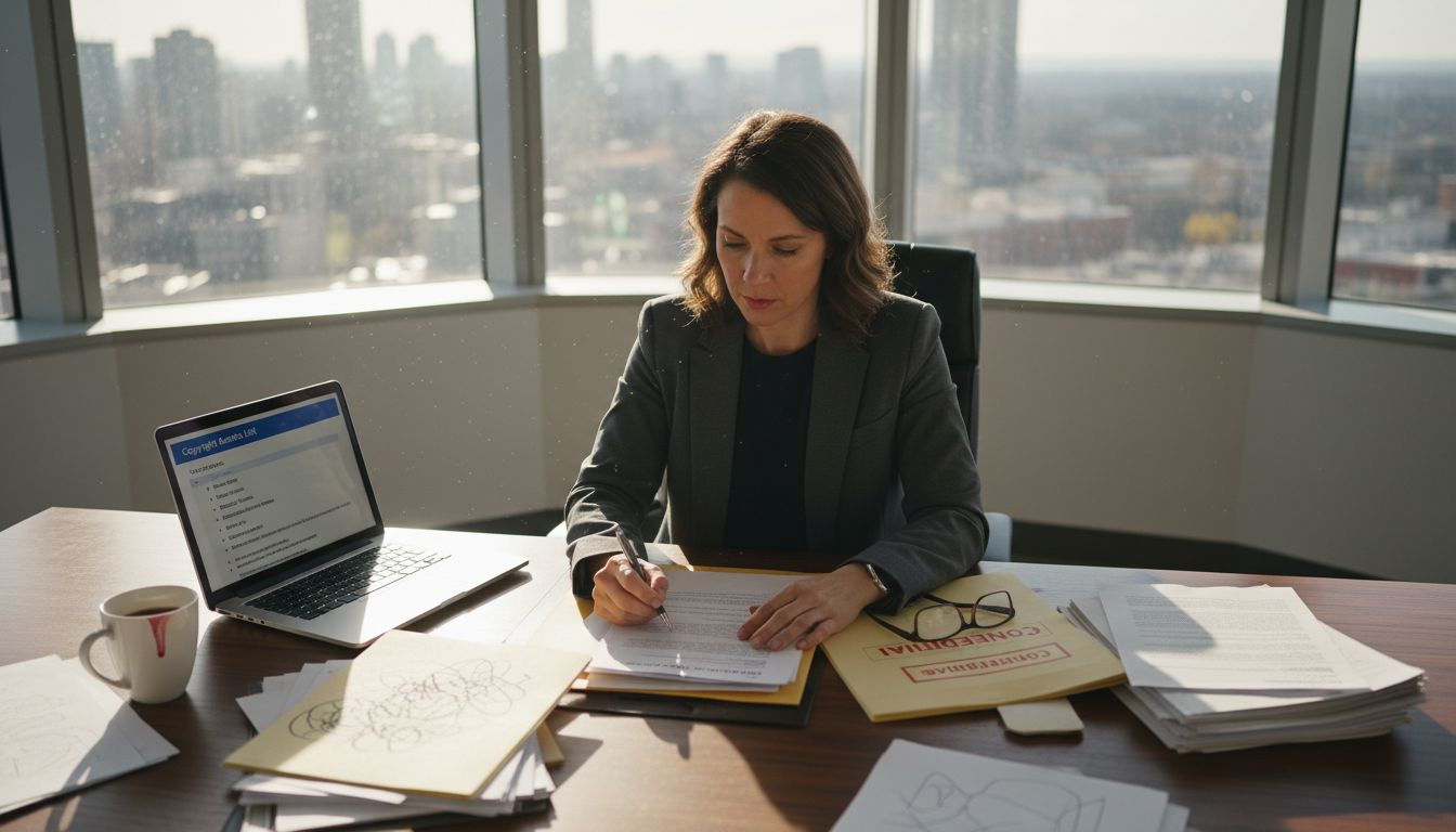 Business owner reviewing copyright documents in office