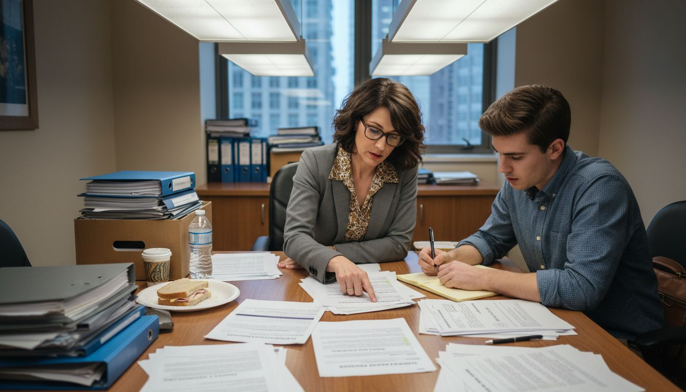 Attorney reviewing IP paperwork with client