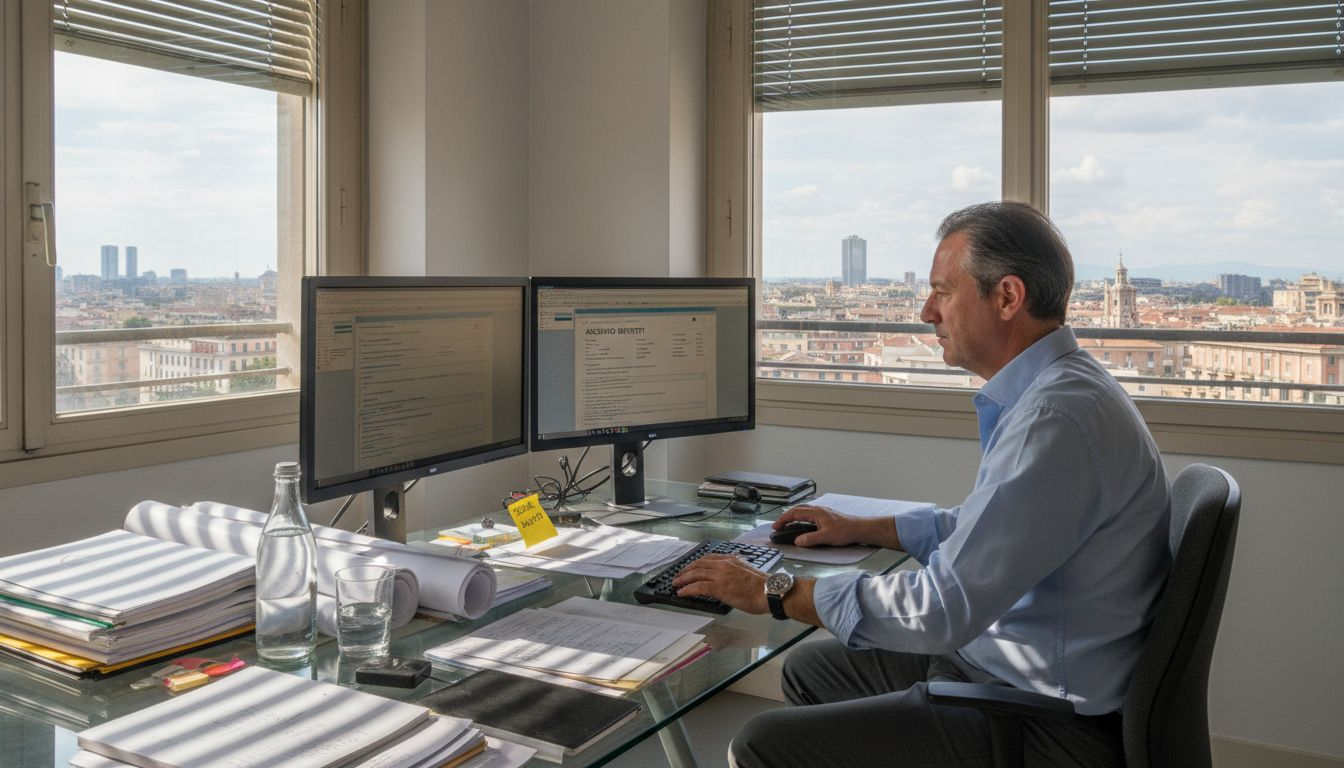 Un uomo al lavoro in ufficio mentre controlla l’andamento dei brevetti.