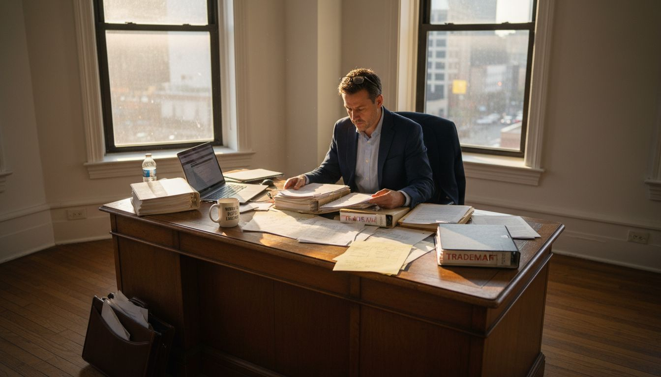 Attorney reviewing intellectual property documents at desk